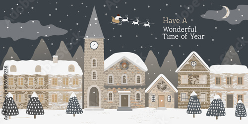 Charming winter village scene with santa and snow covered buildings