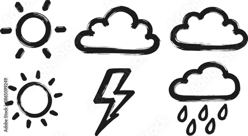 Hand Drawn Weather Doodle Icon Set Sun Cloud Rain Line Sketch Vector Illustration