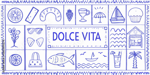 A charming blue and white illustrated pattern featuring various icons and dolce vita