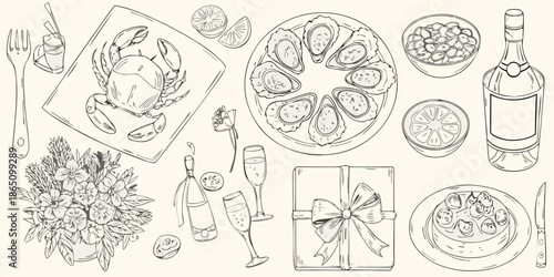 A lavish seafood platter with oysters crab and champagne artistically sketched