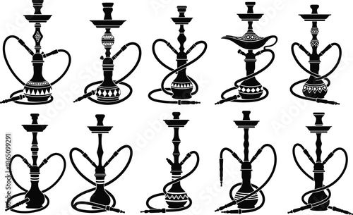 Hookah shisha silhouette icon set vector, collection of traditional oriental water pipes for smoking lounge cafe and restaurant menu design,