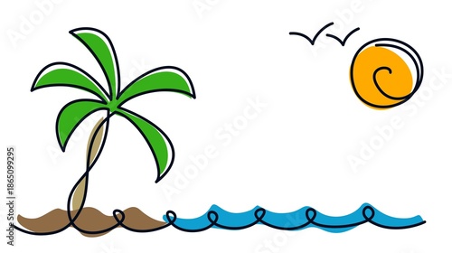 A tropical island with sea and palm trees.