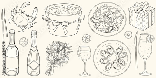 A charming sketch of seafood champagne and celebratory gifts in monochrome