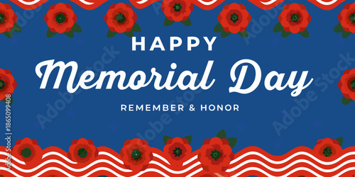 Happy memorial day graphic with red poppies and waving lines