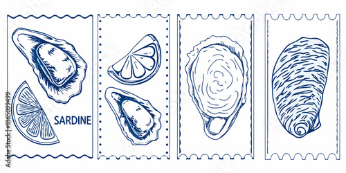 Illustrative sketch of various seafood including oysters lemon and a sardine