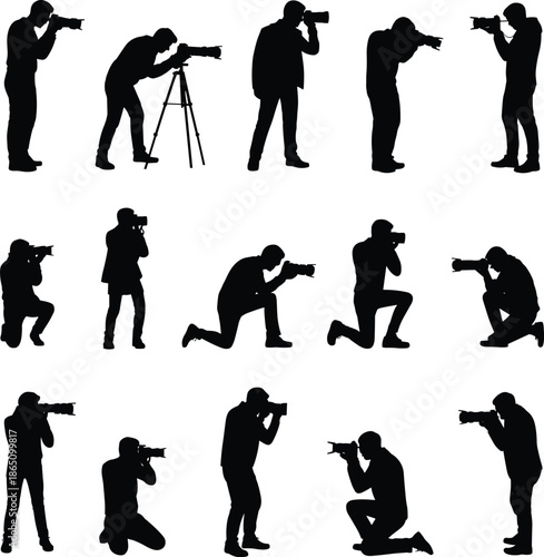 Silhouettes of photographers taking in various positions with cameras and tripods black 1