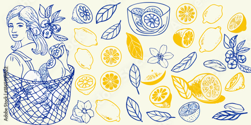 A delightful sketch of a woman with citrus fruits and floral elements