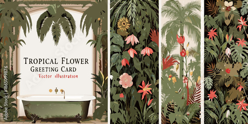 Tropical floral patterns and a vintage style bathtub in a decorative design