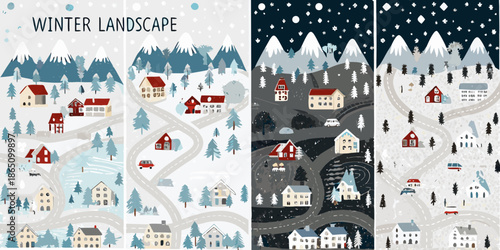 Charming winter village scenes with snow covered mountains and cozy homes
