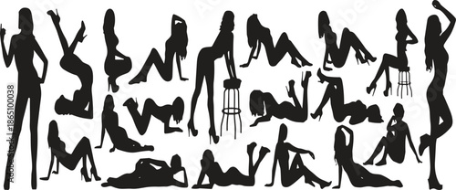 Silhouettes of women in various poses and activities against a white background 1