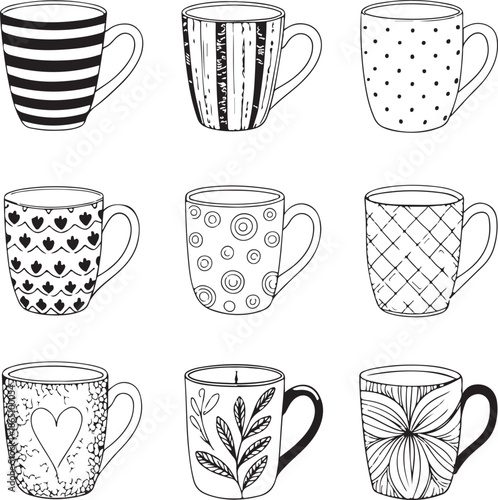 Set of nine unique coffee mugs with various patterns and designs