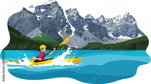 Man kayaking in turquoise mountain lake water, vector illustration of outdoor adventure sports, summer vacation travel, scenic alpine nature landscape,