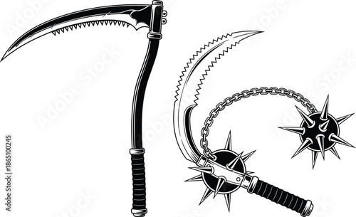 Medieval fantasy weapons vector set with sharp scythe and spiked flail mace, black and white warrior equipment, cad drawing flat vector illustration.