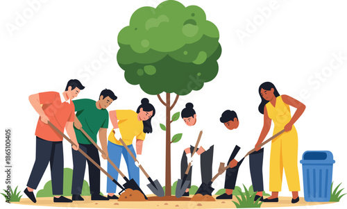 Group of volunteers planting a green tree in the park, environmental protection and reforestation concept, flat vector illustration for ecology.