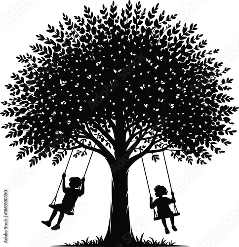 Two children swinging on swings hanging from a large tree with dense foliage leaves 1