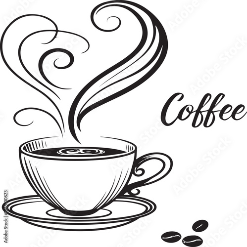 Steaming hot coffee cup with heart shaped steam and beans nearby