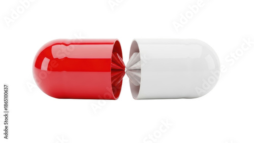 Red and white capsule halves separated on black background with reflection pill medicine