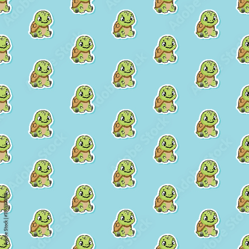 Adorable seamless pattern of little green cartoon turtles in a kawaii sticker style on a blue background. Ideal for nautical nursery decor, children's fabric and summer wallpaper.