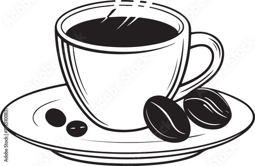 Steaming hot coffee in white cup on saucer with beans