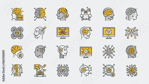 Illustrations of human heads with brains and technology representing cognitive processes