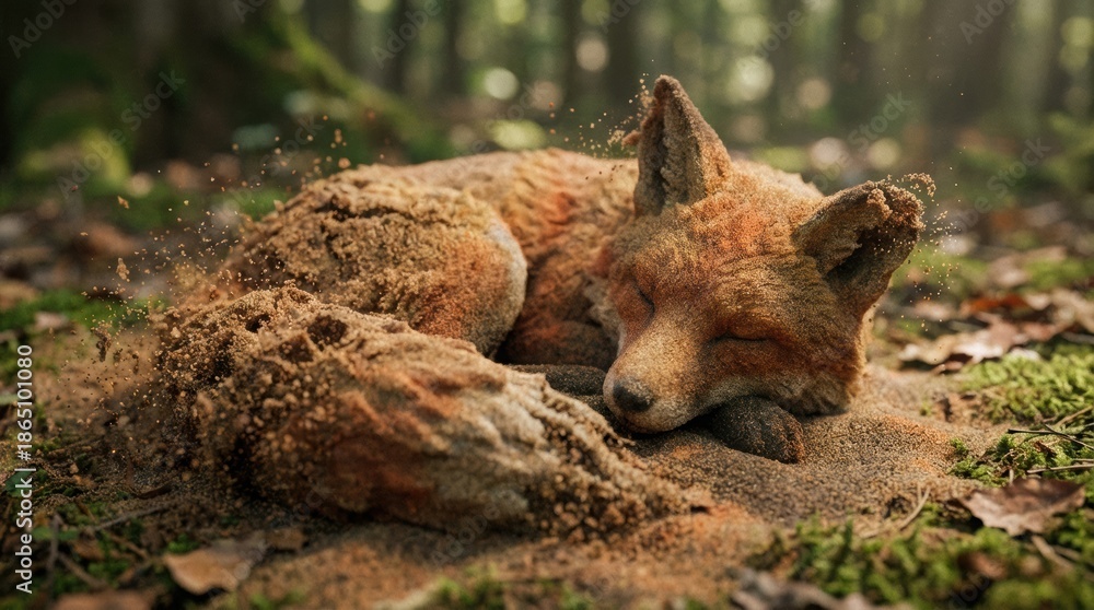 Fototapeta premium Serene Sleeping Fox in Forest Setting