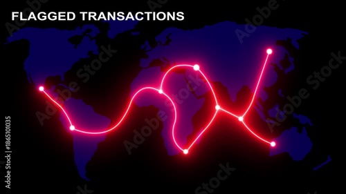 Flagged transactions glowing red path connecting points on dark world map illustrating suspicious financial activity and global financial network monitoring. 4K video animation ,
