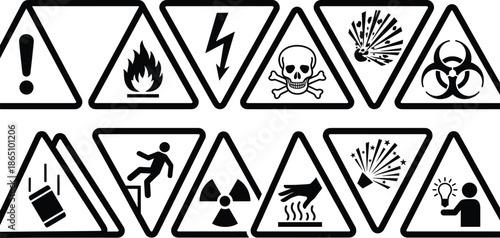 Set of black and white industrial warning signs and hazard symbols in triangular frames for safety security and risk management