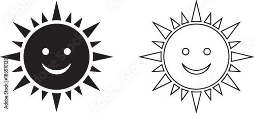Black and white smiling sun with triangular rays happy face