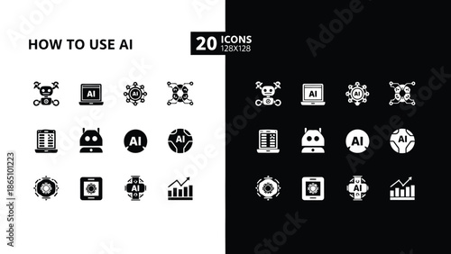 A collection of monochrome ai icons and a guide on utilizing artificial intelligence