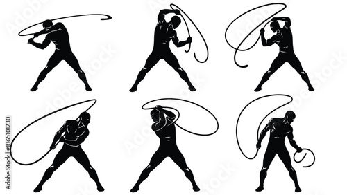 Silhouette series depicting a person skillfully manipulating a lasso or rope