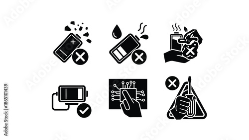 Warning signs depicting prohibited actions and safe practices with electronics
