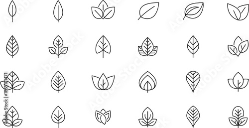 Minimal leaf icon vector set featuring simple botanical foliage symbols clean nature line art designs
