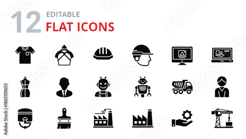 Collection of twelve editable flat icons depicting various professions and objects