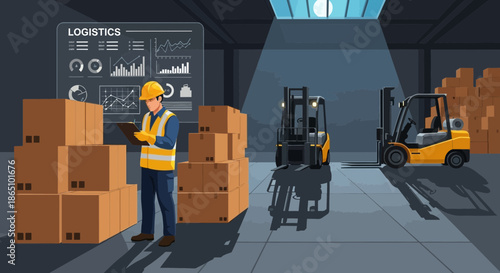 Warehouse Worker Inspecting Boxes with Forklifts in the Background.