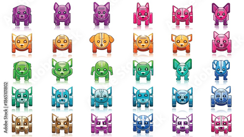 Colorful pixel art dog icons arranged in neat rows and columns