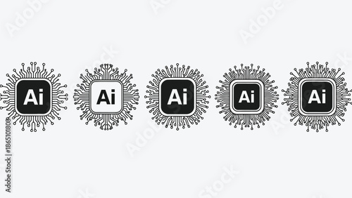 Five circular ai icons with intricate circuit board designs in monochrome