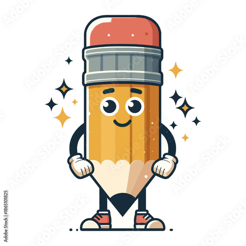 Cute cartoon pencil with sparkles and sneakers — ideal for education blogs, school supplies sites, creative content, and playful branding celebrating learning, creativity, and fun writing.

