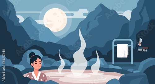 Woman Relaxing in Outdoor Onsen Under Moonlight Serene Hot Spring Experience.