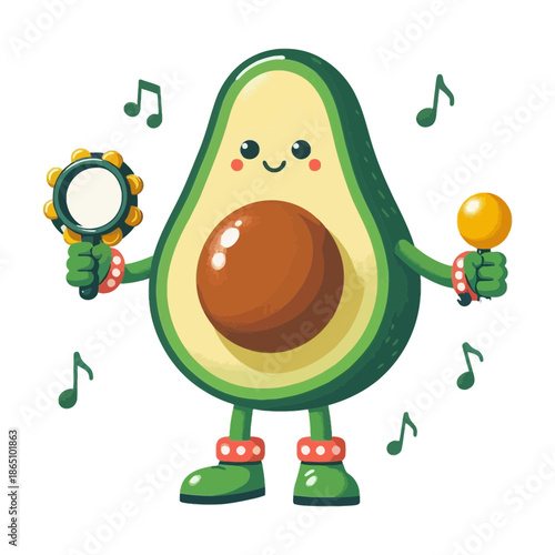 A cute cartoon avocado with arms, legs, and a smiling face, holding maracas and surrounded by musical notes on white background. Ideal for food blogs, kids’ content, or health campaigns.

