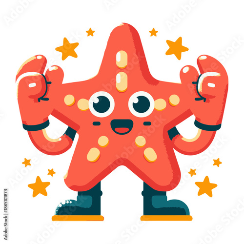 Cute cartoon starfish flexing with stars — ideal for kids’ content, marine blogs, motivational sites, and playful branding celebrating strength, fun, and ocean-inspired energy.

