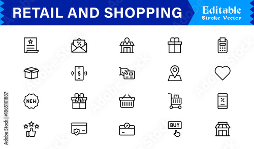 Retail And Shopping line icon set featuring editable, pixel-perfect icons with a professional, modern, and minimal style. Ideal for commerce and consumer-focused projects.