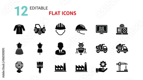 Collection of twelve editable flat icons depicting various objects and professions