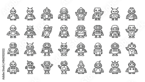 A collection of various robot designs depicted in a black and white line art style