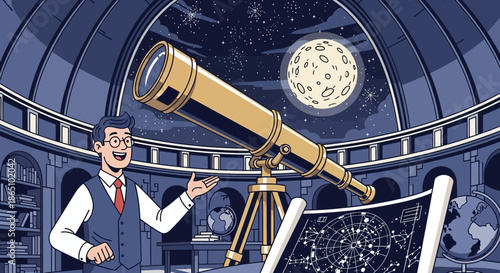 Astronomer with Telescope Observing the Moon in Observatory.