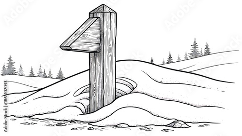 A detailed sketch depicts a wooden post with an angled top partially buried in a snowy landscape