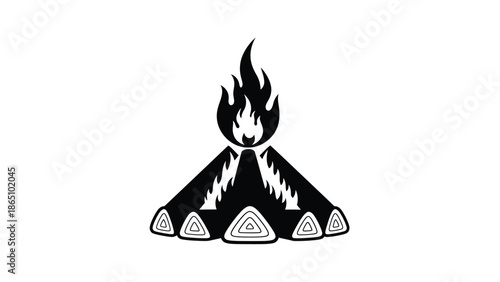 A stylized depiction of a teepee shaped structure with a prominent campfire burning within its center
