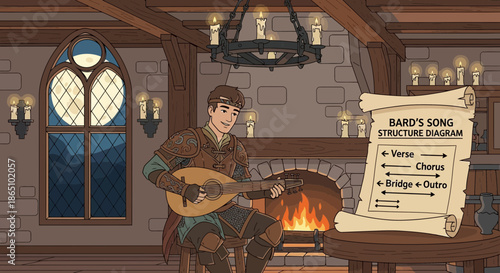 Bard Playing Lute with Song Structure Diagram in Tavern Setting.