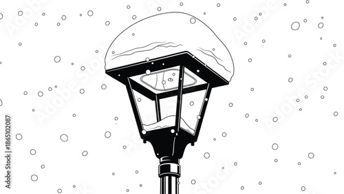 A black and white illustration depicts a vintage street lamp covered in a blanket of falling snow