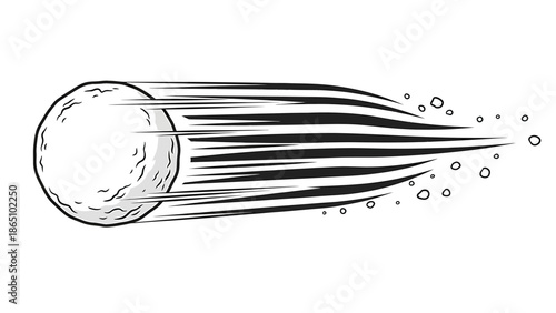 A dynamic illustration of a golf ball in swift motion depicted with speed lines and a sketched style