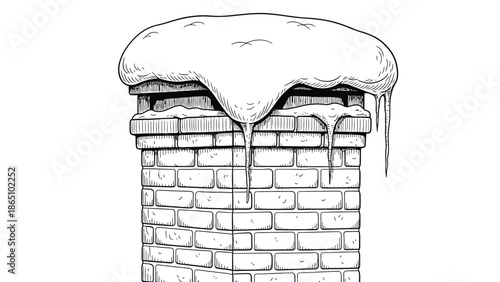 A black and white illustration depicts a brick chimney covered in melting snow and icicles dripping down